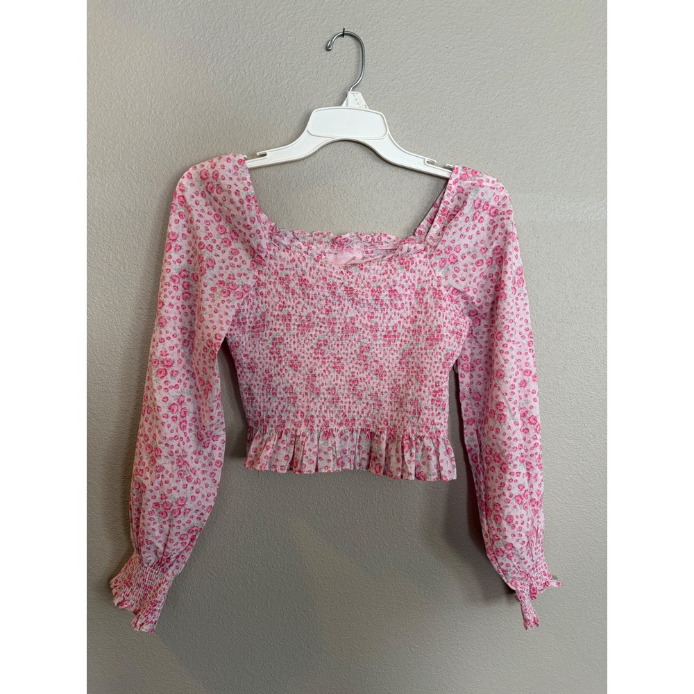 LoveShackFancy Target Girls Pink Floral Smocked Long Sleeve Crop Top Size 14